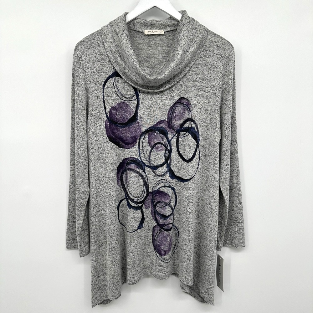 Jess & Jane Echoes Top Shirt Large Brushed Knit Cowl Neck Gray Artsy Boho New - Picture 11 of 11